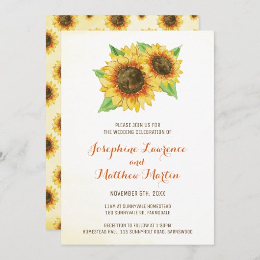 Watercolor Sunflowers Invitations de mariage (Devant / Derrière)