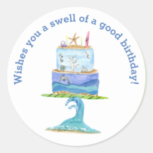 Watercolor Surfplank Verjaardagstaart Ronde Sticker