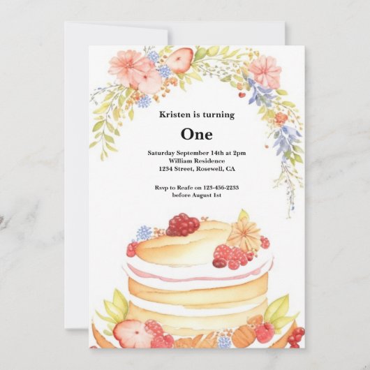 Watercolor Sweet Cake 1er Anniversaire Invitation (Devant)