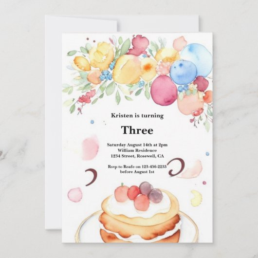 Watercolor Sweet Cake Invitation Anniversaire (Devant)