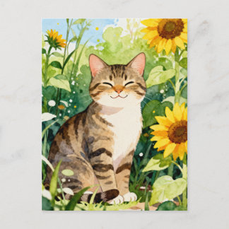 Watercolor Tabby Cat in Sunflower Garden Briefkaart