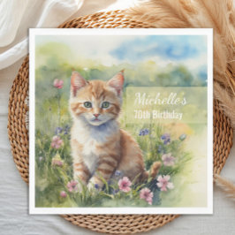 Watercolor Tabby Cat Pet Meadow 70th Birthday Servet