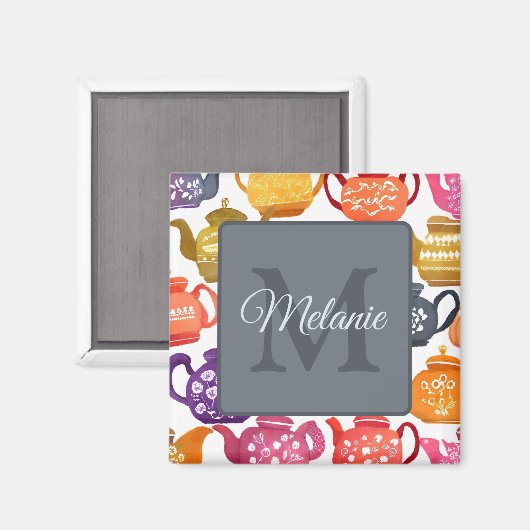 Watercolor Teapot Pattern Peronalised Monogram Magneet (Voorkant / Achterkant)
