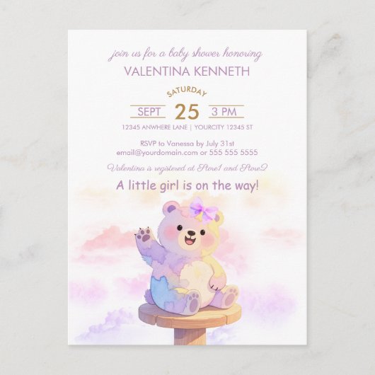 Watercolor Teddy Bear Girl Baby Shower Invitation (Devant)