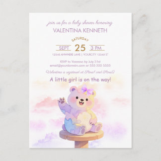 Watercolor Teddy Bear Girl Baby Shower Invitation Briefkaart
