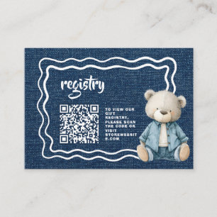 Watercolor Teddybeer Blauw Jeans Baby QR-registrat Informatiekaartje