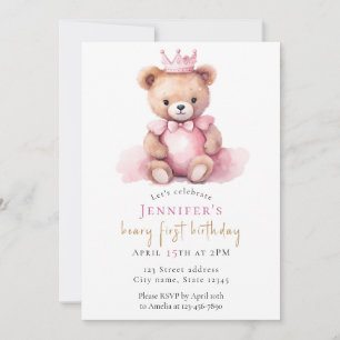 Watercolor Teddybeer Meisje 1e Verjaardagsuitnodig Kaart