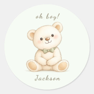 Watercolor Teddybeer Oh Boy Baby Shower Ronde Sticker