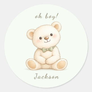 Watercolor Teddybeer Oh Boy Baby Shower Ronde Sticker