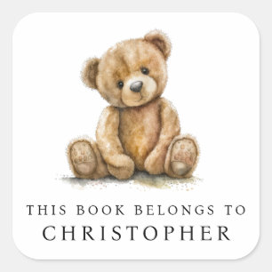 Watercolor Teddydbeer Kinderen naam ex-libris etik Vierkante Sticker