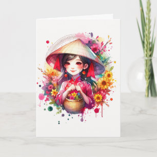 Watercolor Tet Meisje Feestdagen Kaart