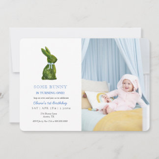 Watercolor Topiary Rabbit Baby boy Photo birthday Kaart