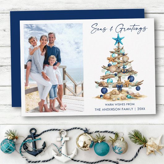 Watercolor Tree Seas and Greetings Photo Beach Feestdagenkaart