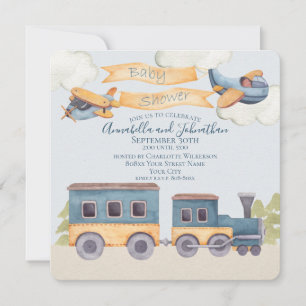Watercolor Trein en Vliegtuigen Baby Jongen Blauw Kaart