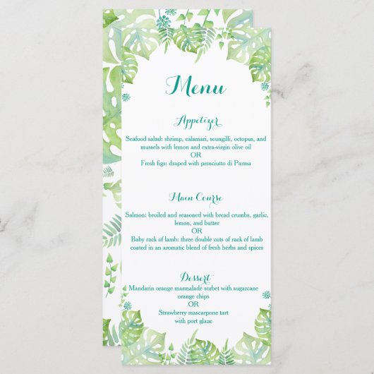 Watercolor tropical feuille menu mariage (Devant / Derrière)
