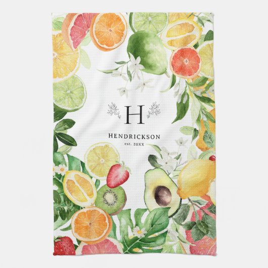 Watercolor Tropisch Citrusfruit Monogram Theedoek (Verticaal)