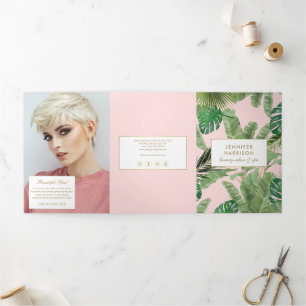 Watercolor Tropische Bladeren Roze Salon Brochure Drieluik Kaart