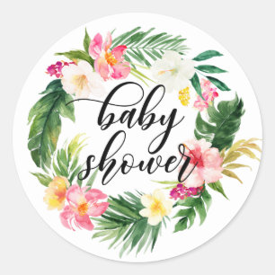 Watercolor Tropische Bloemen Krans Baby Shower Ronde Sticker