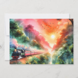 Watercolor Tropische Zonsondergang Treinreis Feestdagenkaart