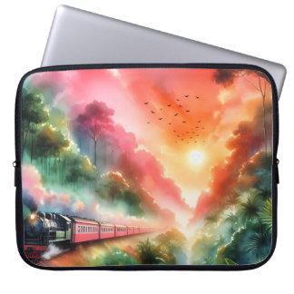 Watercolor Tropische Zonsondergang Treinreis Laptop Sleeve