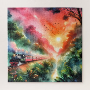 Watercolor Tropische Zonsondergang Treinreis Legpuzzel