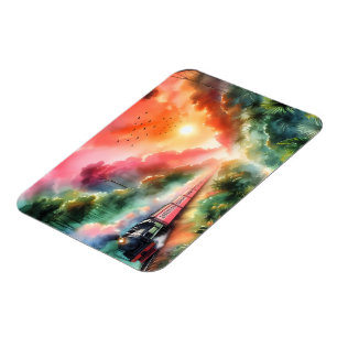 Watercolor tropische zonsondergang treinreis magneet
