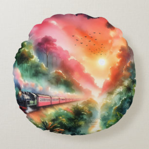 Watercolor tropische zonsondergang treinreis rond kussen