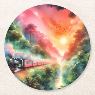 Watercolor tropische zonsondergang treinreis ronde kartonnen onderzetter