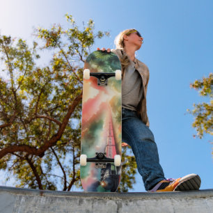 Watercolor tropische zonsondergang treinreis skateboard
