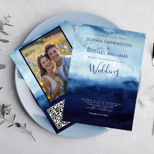Watercolor Trouw Uitnodiging QR Code Navy Blauwe