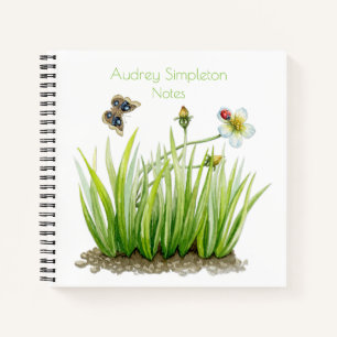 Watercolor Tuin Bloem Vlinder Gras Vierkant Notitieboek