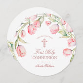 Watercolor Tulp Eerste Communie Rond Kaart (Voorkant / Achterkant)