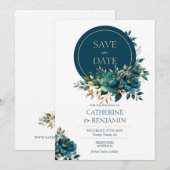 Watercolor turquoise bloem Save The Date Kaart (Voorkant / Achterkant)