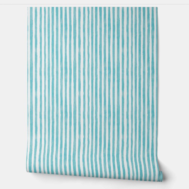 Watercolor Turquoise Pinstripes Behang (Afrollen)