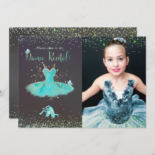 Watercolor Turquoise Tutu Dansrecital Kaart (Voorkant / Achterkant)