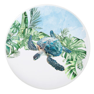  Watercolor Turtle Tropical Leaves Keramische Knop