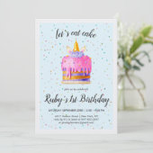 Watercolor Unicorn Cake Invitation d'anniversaire (Debout devant)