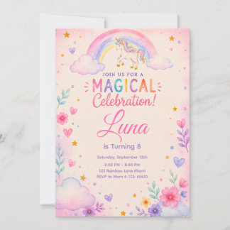 Watercolor Unicorn Party Invite Kaart