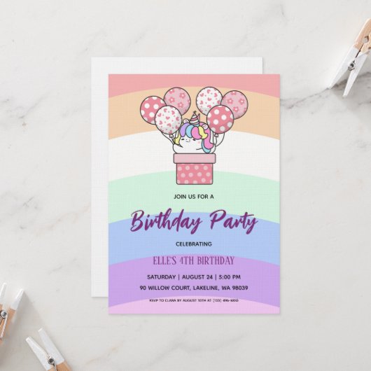 watercolor unicorn rainbow birthday invitation (Devant/Arrière en situation)