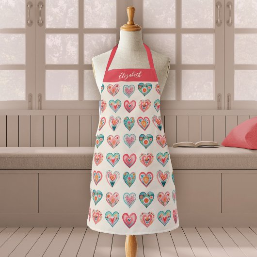 Watercolor Valentine Hearts Pattern Cooking Schort