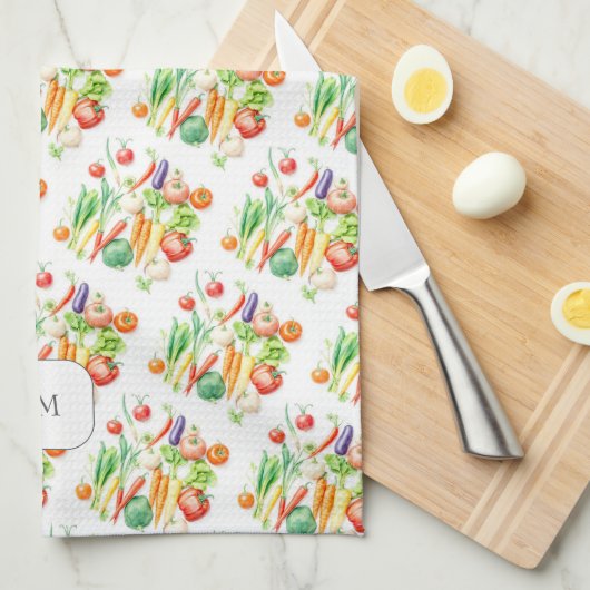 Watercolor vegetables pattern monogrammed theedoek (Quarter Fold)