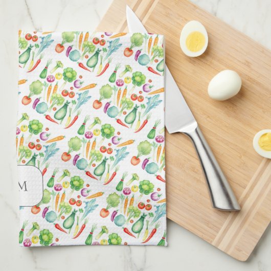 Watercolor vegetables pattern monogrammed theedoek (Quarter Fold)