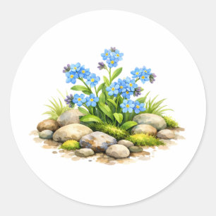 Watercolor vergeet-mij-niet bloemen bij de rotsen ronde sticker
