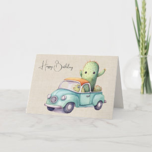 Watercolor verjaardag Cacti in retro vrachtwagen Kaart