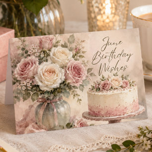 Watercolor verjaardagskaart juni roze rozen en cak kaart