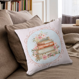 Watercolor Vintage Roze Rozen en Boek Floral Kussen