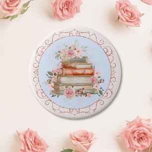 Watercolor Vintage Roze Rozen en Boeken Bloemmotie Ronde Button 7,6 Cm
