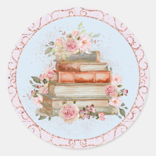 Watercolor Vintage Roze Rozen en Boeken Bloemmotie Ronde Sticker