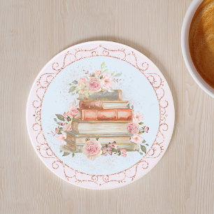 Watercolor Vintage Roze Rozen en Boeken Bloemstuk Zandsteen Onderzetter