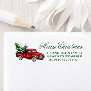 Watercolor Vintage Truck Green Christmas Address Etiket